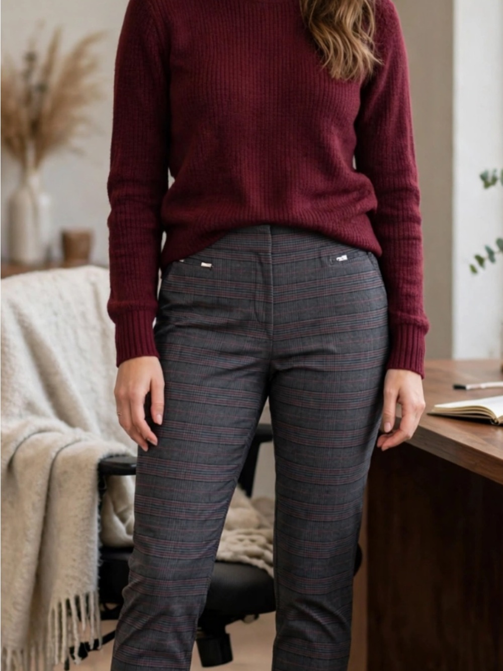 Soho Women's Grey Plaid Straight-Leg Ponte Pants